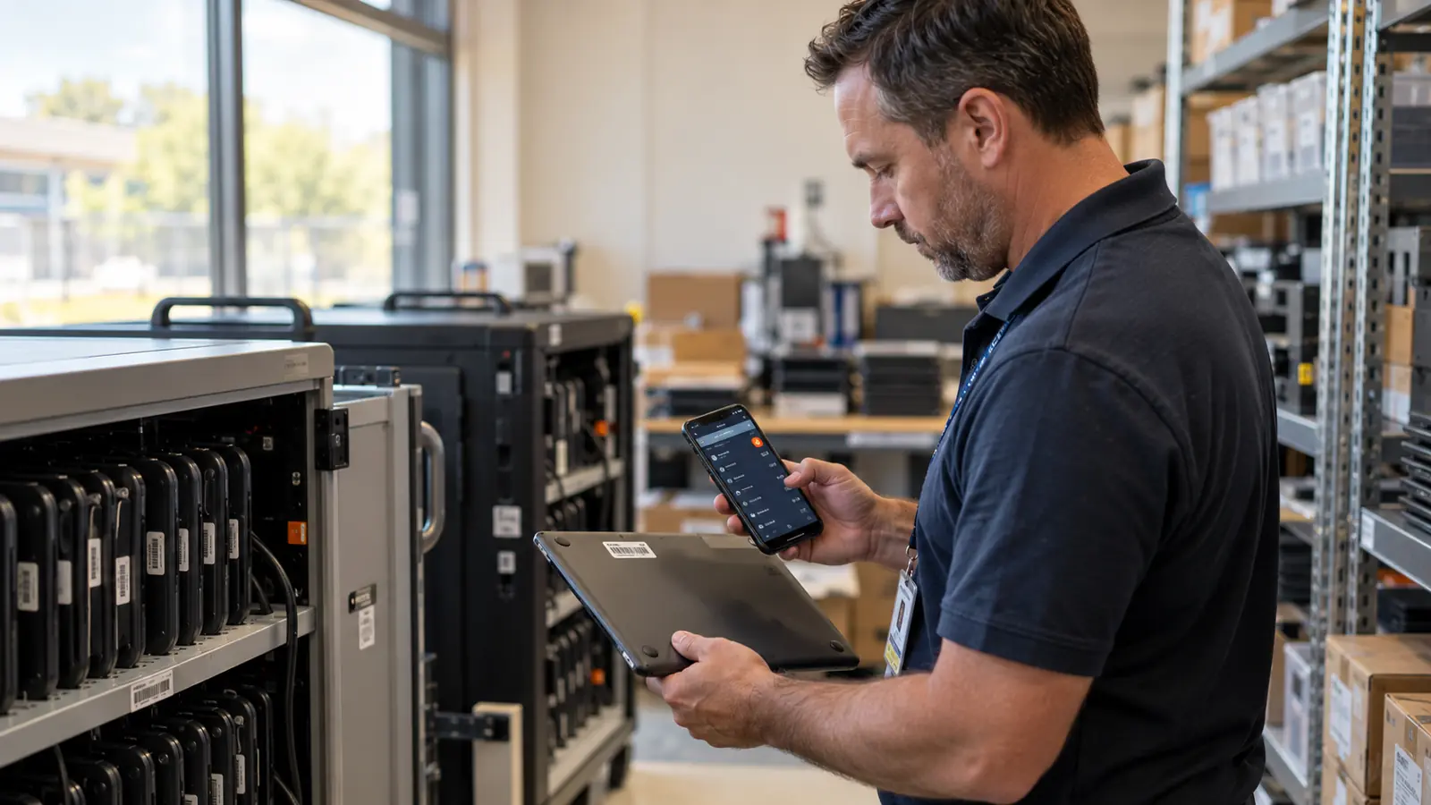 Technician checking in laptops and IT equipment with a handheld reader and a phone