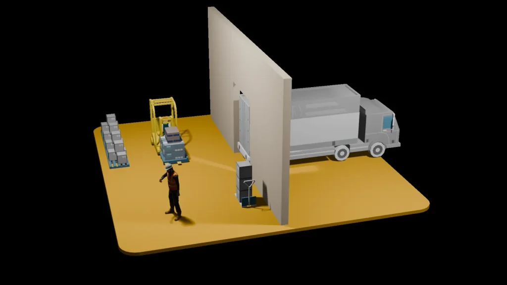 Isometric illustration of a loading dock with a truck, dock door, forklift carrying a pallet and a worker