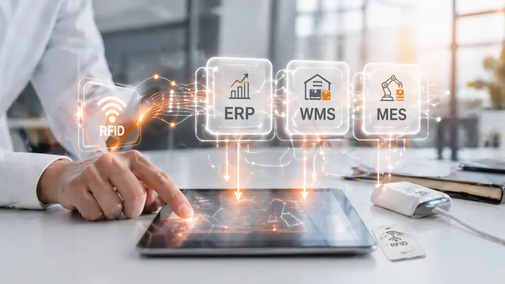Hand on a tablet with ERP, WMS and MES connections rising from it