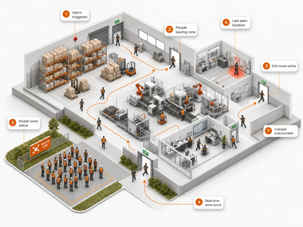 Illustrated plant evacuation: people follow exit routes to a muster point while callouts show alarm triggered, real-time zone count, last-seen location and two people unaccounted for