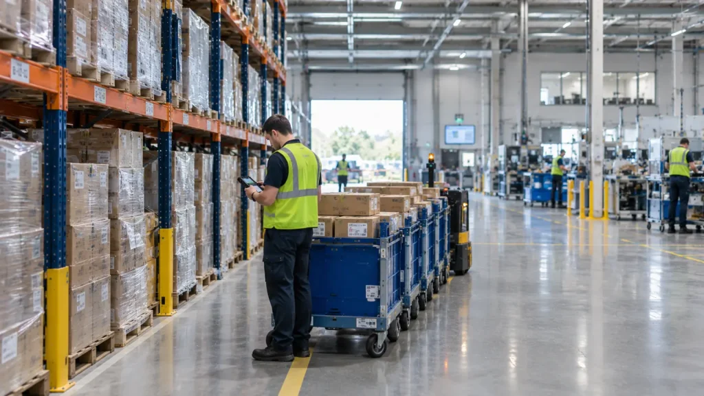 Warehouse worker scans cartons on blue material carts beside pallet racking with a handheld