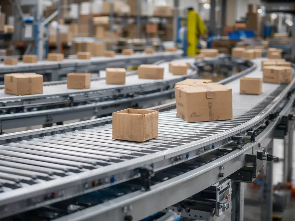 Cardboard boxes moving along curved roller conveyors in a distribution center