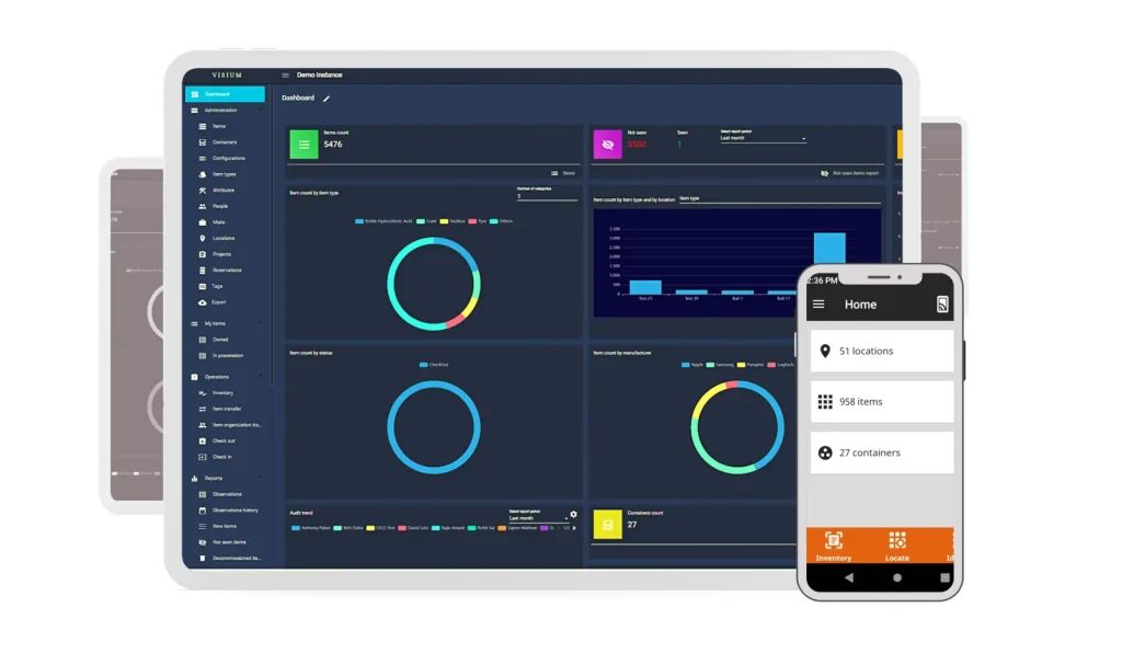 Visium dashboard in dark mode with item counts, containers and audit trend charts, next to a phone app showing locations, items, containers and inventory and locate buttons