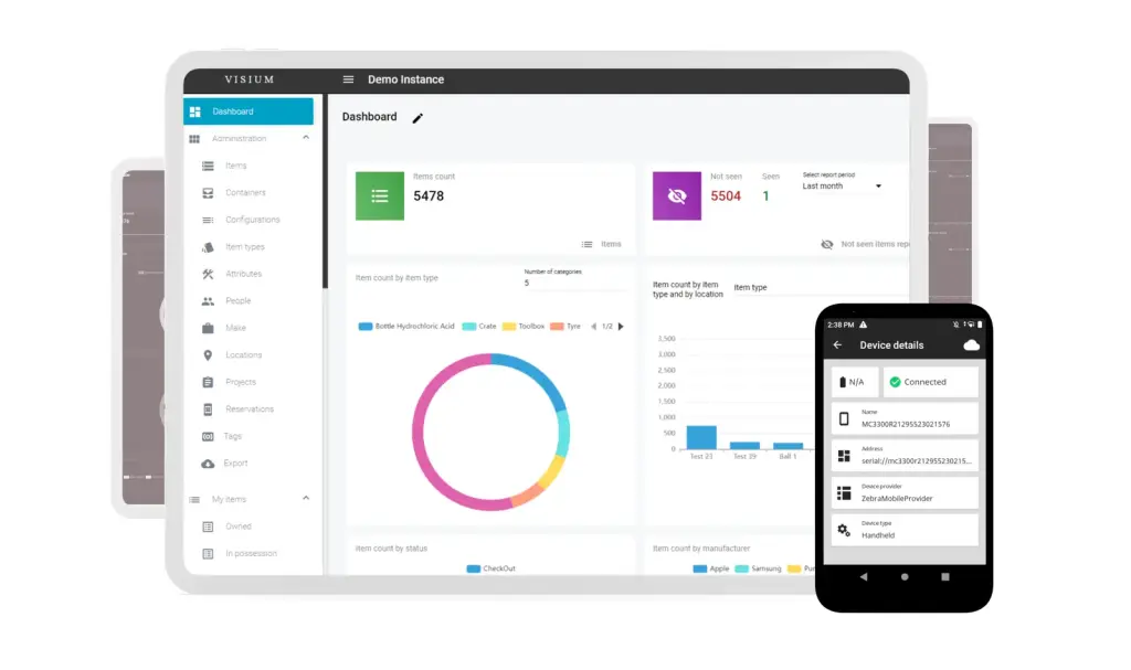 Visium web dashboard with item counts, not-seen items and charts by item type, next to a handheld showing a connected RFID reader