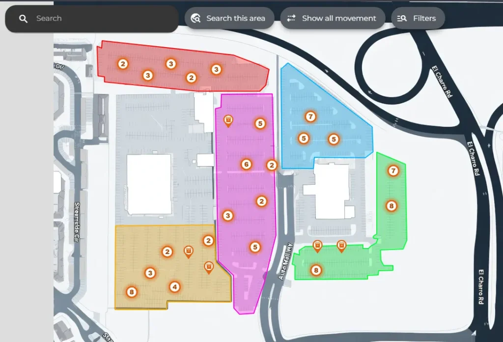Visium map view: a site plan with colored zones and numbered item clusters