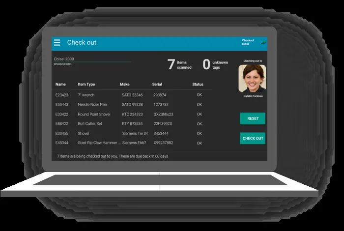 Visium Station check-out screen listing items, their status and the signed-in user